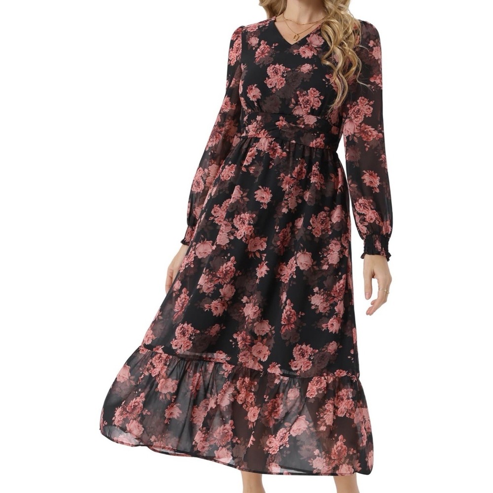 Floral Long Sleeve Chiffon Mid Dress Women's Size XXL [H]